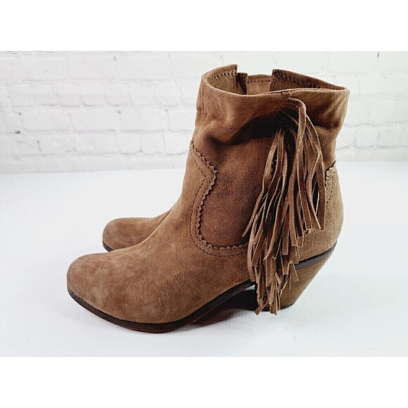 SAM Edelman Ankle Booties Woman's Size 8.5 M Camel Fringe Louie Suede Block Heel - Picture 3 of 8